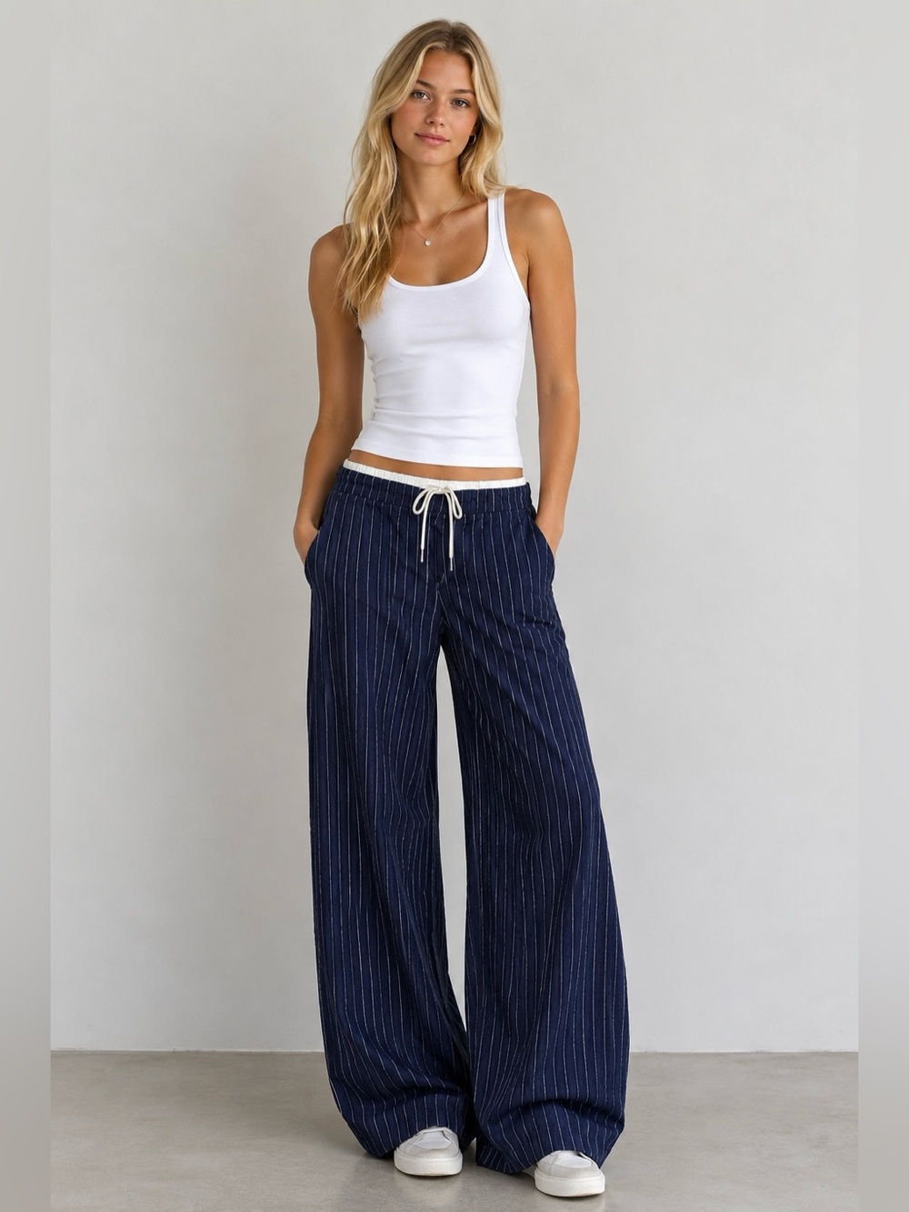 Edikted Navy Pinstripe Wide-Leg Peekaboo Drawstring Pants - size S